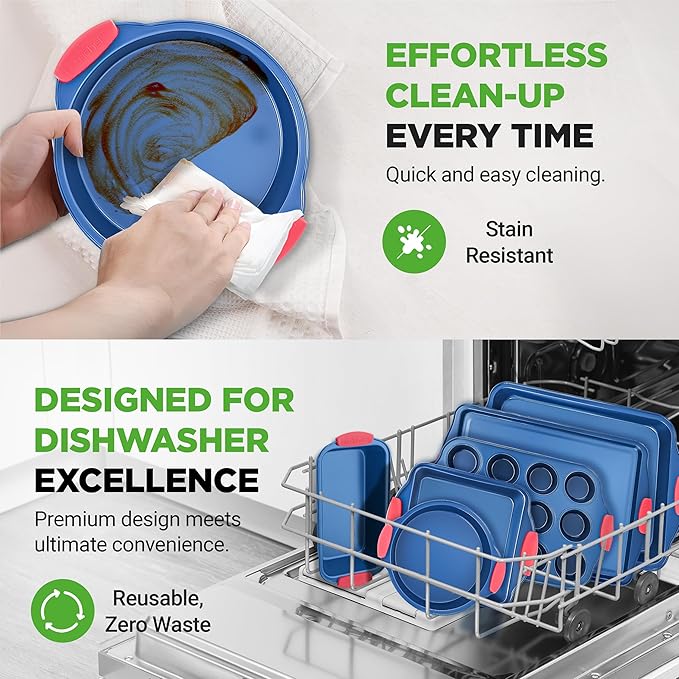 NutriChef 6-Piece Non Toxic Bakeware Set – Carbon Steel Baking Pan Includes Cookie, Muffins, Loaf, Bread, Round & Square Pans, Non-Stick, Easy Release, & Easy Clean