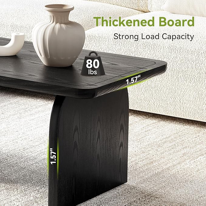 LITTLE TREE Farmhouse Coffee Table, 47 Inches Wooden Center Tables with Rounded Corners, Rectangular Living Room Tables, Modern Low Cocktail Tea Furniture for Living Room (Black)