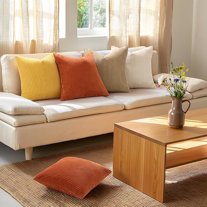 Mecatny Corduroy Decorative Fall Throw Pillow Covers 22x22 Set of 2 for Sofa Living Room, Soft Burnt Orange Neutral Boho Couch Pillow Covers for Home Decor, Rust