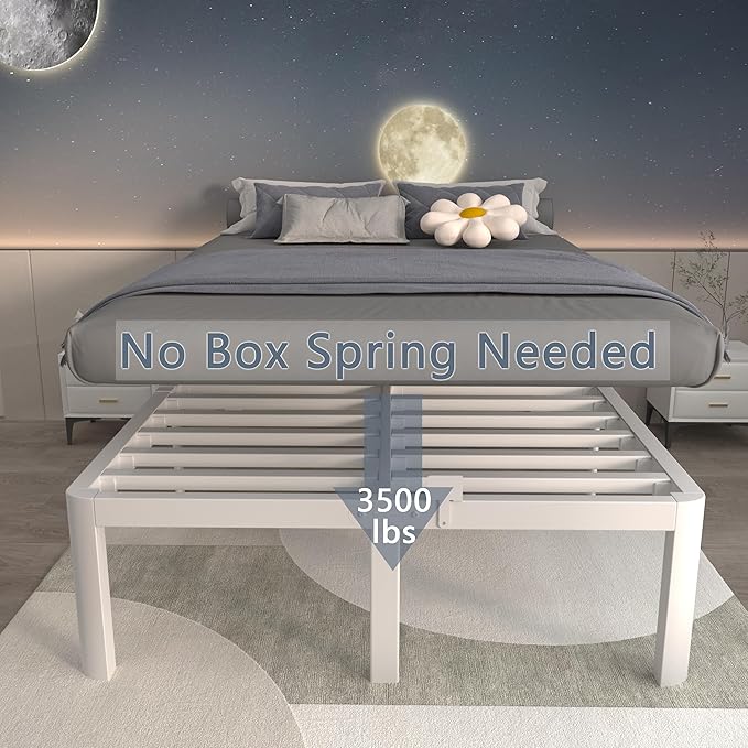 ITIMIDI 16 Inch White Bed Frame Queen, Queen Size Metal Platform Bed Frames with Round Corner Legs, Heavy Duty Steel Support 3500 LBS, Storage Space, No Box Spring Needed, Noise Free, Easy Assembly