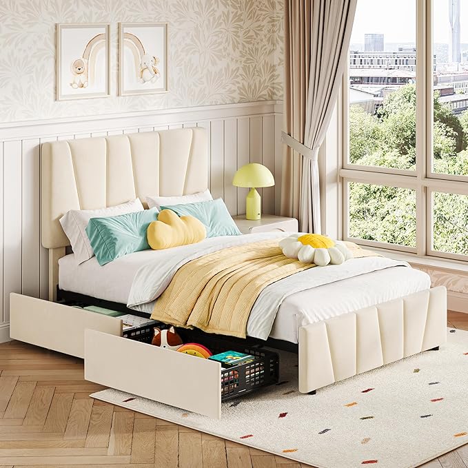Twin Size Bed Frame with Adjustable Headboard and 2 Storage Drawers, Velvet Upholstered Tufted Twin Platform Bed Frames with Wooden Slats Support, Bedframe No Box Spring Needed, Beige/Cream