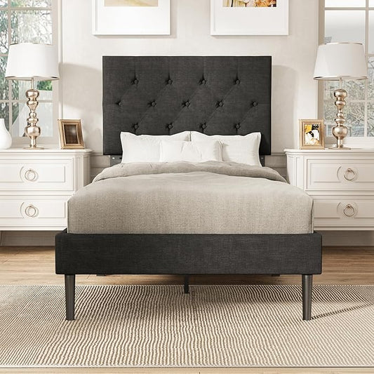 Twin Size Platform Bed Frame with Upholstered Headboard, Button Tufted Design, No Box Spring Needed, Dark Grey