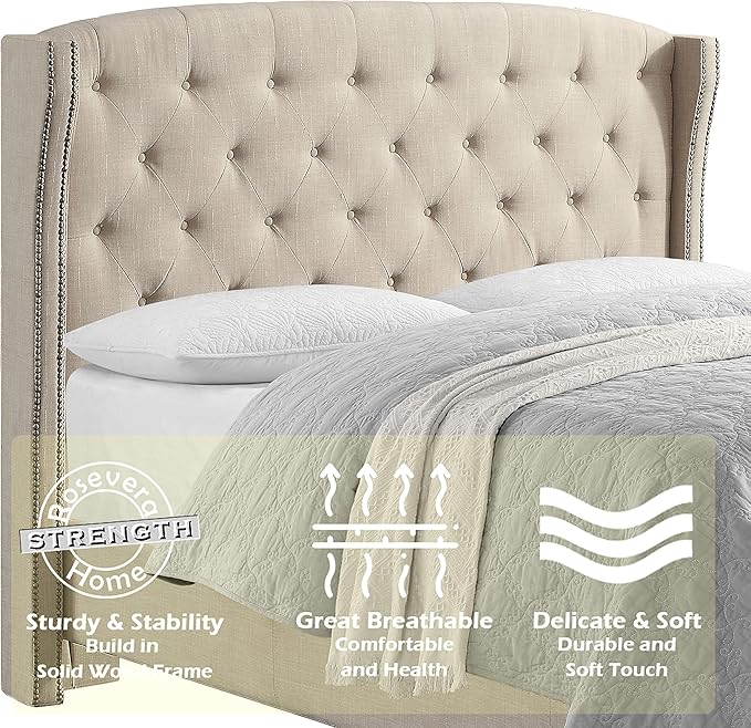 Rosevera Essential Wingback Platform Bed Frame with Tufted Headboard/Fabric Upholstered Bed Frame/Wood Slat Support/Easy Assembly,King,Beige