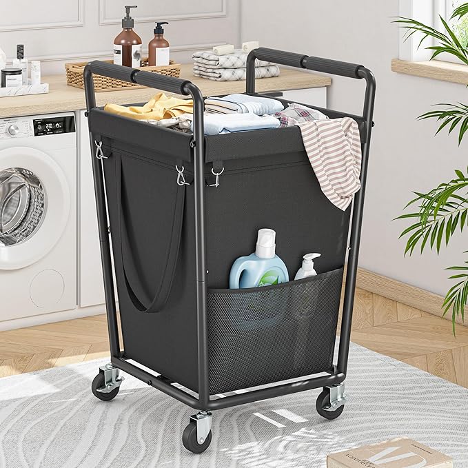 Laundry Basket with Wheels & Handles, 180L Laundry Cart with Removable Bag & Metal Frame for Clothes Storage, Laundry Room Organization Rolling Hamper with Wheels For Laundry, Dorm (Black)