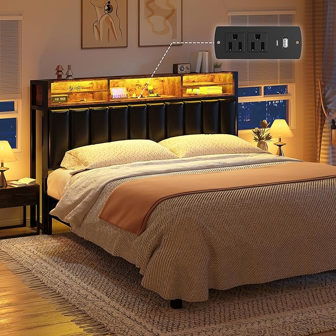 EnHomee Headboard Queen Size with Charging Port, Queen Headboard with LED Light, Headboard Only with Storage Shelf, Upholstered for Bedroom