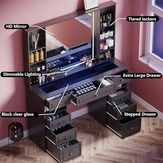 Vanity Desk with Mirror and Light, Glass Top Dresser with 9 Drawers, Vanity Table with Storage, Dressing Table, Bedroom Makeup Desk for Women (Black-Glass Top)