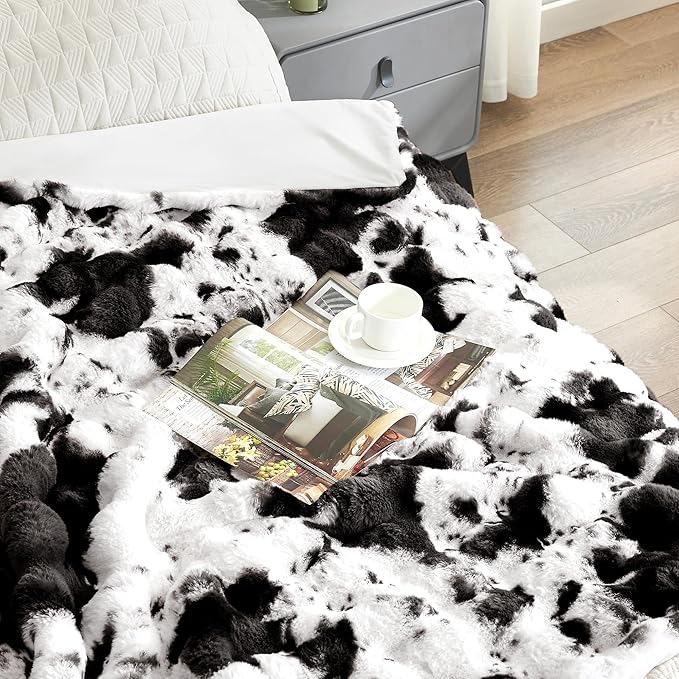 Ultra Plush Bubble Faux Rabbit Fur Blanket – 950GSM Thick Fluffy Throw Blanket for Bed, Couch, Sofa, or Gift, 50" × 60", Black Cow