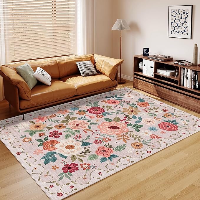 DUKINO 8x10 Area Rug, Floral Rugs for Living Room, Lightweight Non Slip Washable Rug, Indoor Low Pile & Non-Shedding Boho Design Rugs for Bedroom, Living Room, Dining Room, Beige