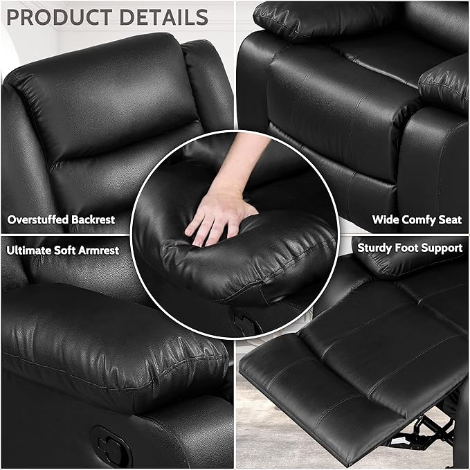 PrimeZone Oversized Rocker Recliner Chair - Comfy Wide Lazy Boy Recliner Chair with Overstuffed Armrest, Faux Leather Manual Reclining Chairs for Living Room, Bedroom, Home Theater, Black Set of 2