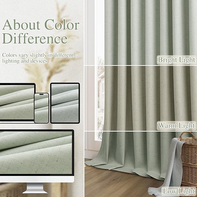 Guken Blackout Curtains 108 Inch Length 2 Panels Set for Living Room Bedroom Back Tab Thermal Insulated 100% Black Out Linen Drapes Room Darkening Window Curtains 108 Inches Long,Mist Sage