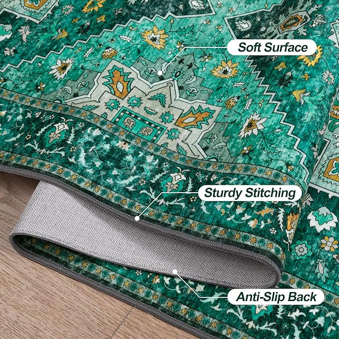 Tangsoo 8x10 Area Rug for Living Room, Washable Vintage Rug Indoor Non Slip Large, Print Distressed Emerald Carpet, Soft Low Pile Foldable Floor Rugs for Bedroom Dining Room Dorm