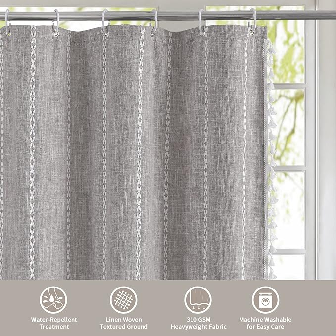 MitoVilla Grey Farmhouse Fabric Shower Curtain Set, Boho Modern Polyester Linen Shower Curtains for Vintage Rustic Bathroom Decor, Country Tassel Thick Cloth Shower Curtain, 72 x 72