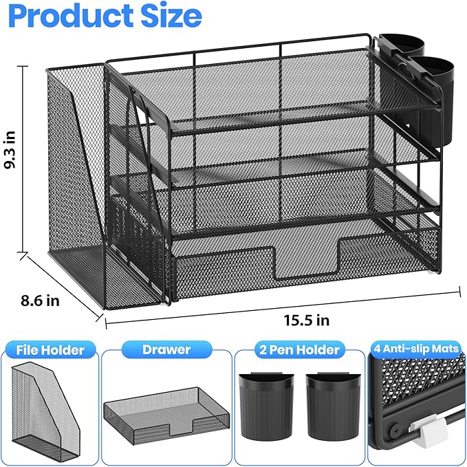 Desk Organizer and Accessories, 4-Tier Desktop File Organizer with Drawer and 2 Pen Holders, Office Desk Accessories, Workspace Organizers for Office Supplies(Black)