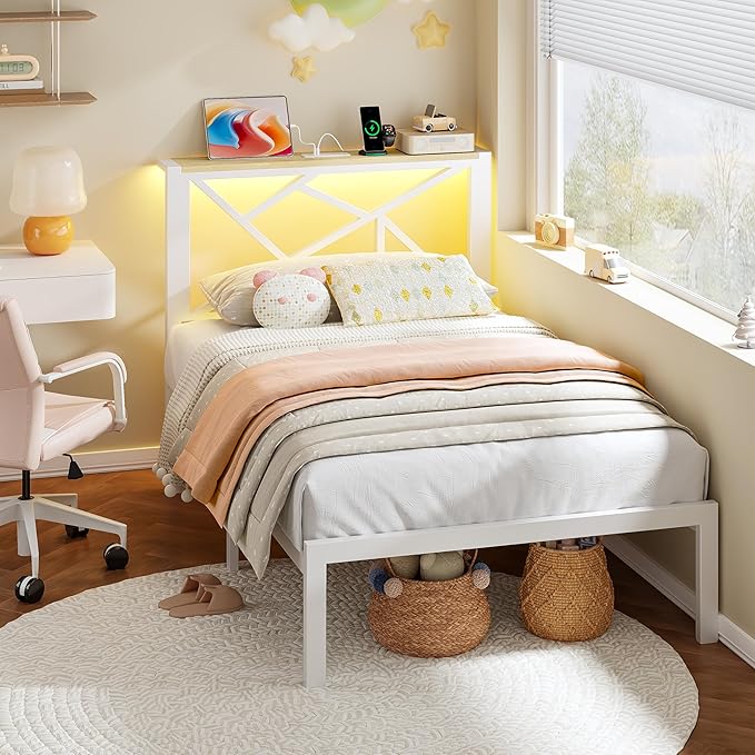Twin White Metal Bed Frame with USB Charging Station, LED Ambient Lighting, and Wooden Storage Headboard - Includes Under-Bed Storage, No Box Spring Needed, Noise Free, Easy to Assemble