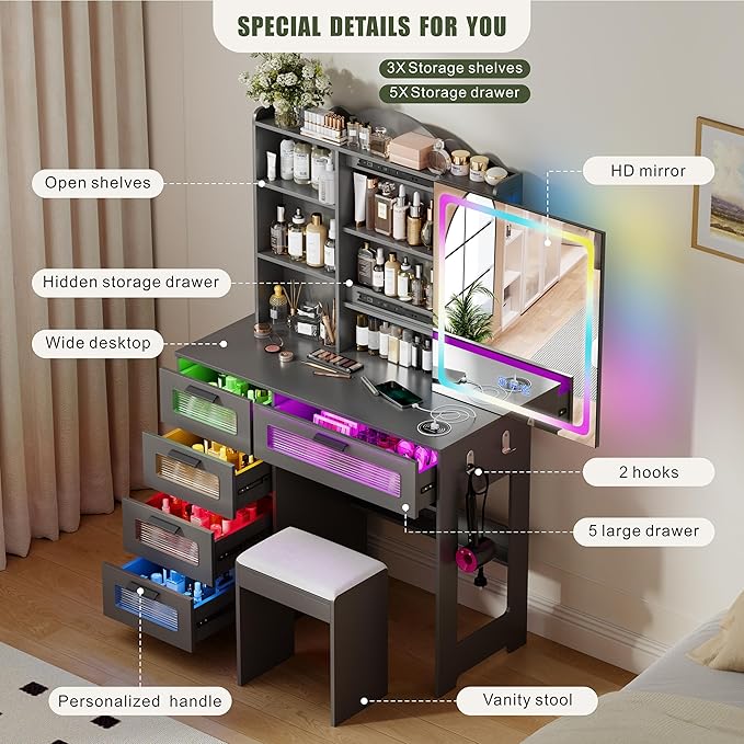 Vanity Desk with Sliding Vanity Mirror and RGB Lights,Makeup Vanity Desk with Charging Station,LED Vanity Table with Hidden Storage,Dressing Table Set with Stool&5 Drawers for Bedroom,Grey
