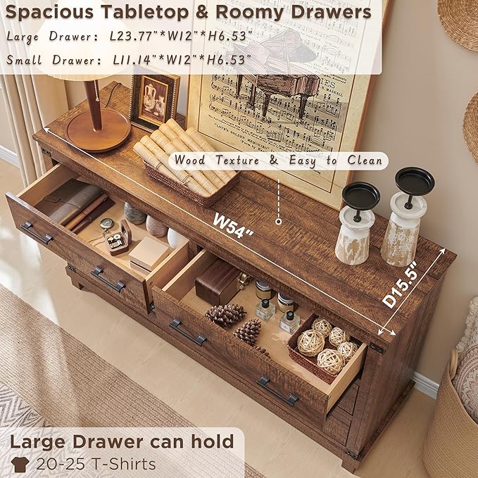 Farmhouse 7 Drawers Dresser for Bedroom, Large Chest of Drawers with Thick Plank Styling, Wood Closet Dresser for Bedroom or Living Room, Reclaimed Barnwood Color