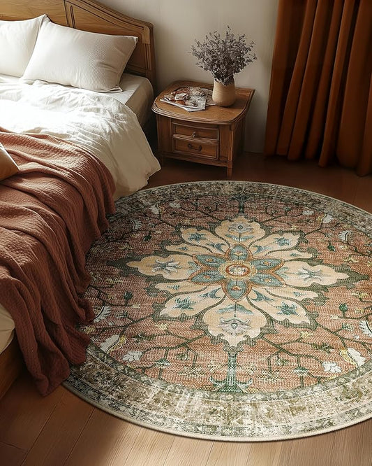 Area Rugs 5ft Washable Non-Slip, Floral Vintage Distress Print Pattern Medallion Carpet for Living Room Bedroom Dining Room, Brick Red Rust Neutral Brown Burnt Orange Green