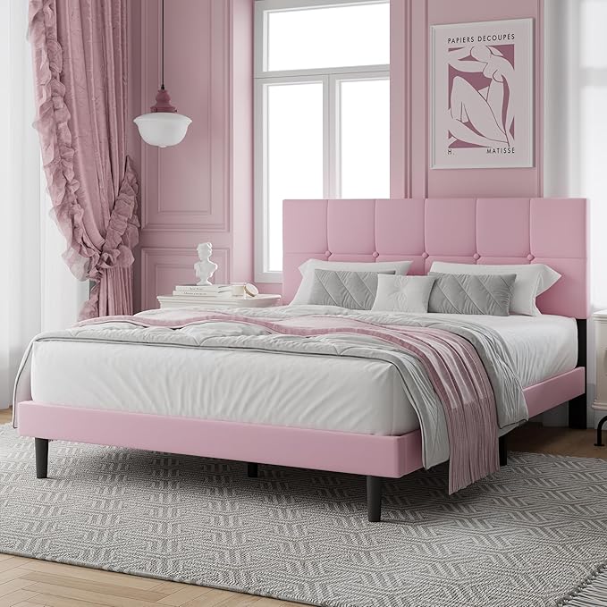 Queen Size Bed Frame, Queen Size Platform Bed Frame with Headboard, Upholstered Headboard, Sturdy Wooden Slats, Noiseless No Box Spring Required, Easy to Assemble, Pink