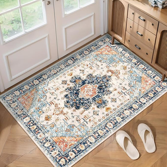 Tangsoo Vintage Rug 2x3 Washable Rug for Entryway, Non Slip Small, Indoor Front Door, Print Distressed Blue/Beige Door Mat Carpet, Soft Low Pile Rugs for Entrance Kitchen Bedroom Bathroom