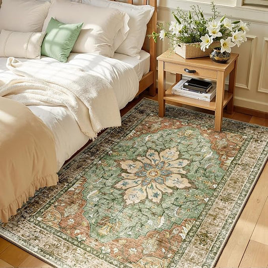 Area Rugs 3'x5' Washable Non-Slip, Floral Vintage Distress Print Pattern Medallion Carpet for Living Room Bedroom Dining Room, Brick Red Rust Neutral Brown Burnt Orange Green