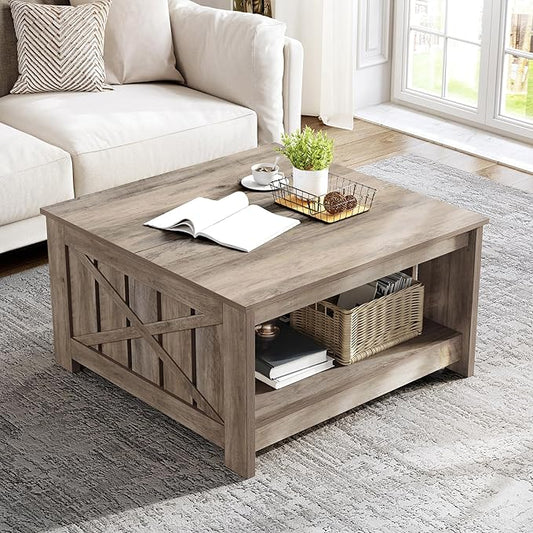 YITAHOME Coffee Tables for Living Room, Farmhouse Coffee Table with Storage Rustic Wood Cocktail Table, Square Coffee Tables for Living Meeting Room with Half Open Storage Compartment, Rustic Grey