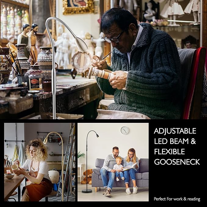 O’Bright Ray – Adjustable LED Beam Floor Lamp, Dimmable and Zoomable Spotlight, Flexible Gooseneck, Reading/Crafting Standing Lamp, Work Table Light, Matte Black