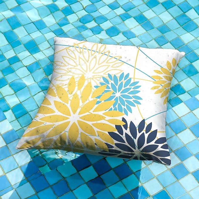 Yellow and Dark Blue Floral Pillow Covers 18x18 Set of 2 Outdoor Waterproof Decorative Throw Pillows Summer Pillow Covers Polyester Cushion Case Decor for Couch Patio Funiture Garden Porch 011B18