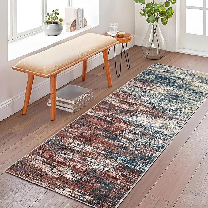 Washable Runner Rug 2x6 Modern Abstract Kitchen Rugs, Non Slip Bathroom Rug, Low Pile Laundry Room Soft Long Carpet for Hallway Bedroom Entryway, Red Multi
