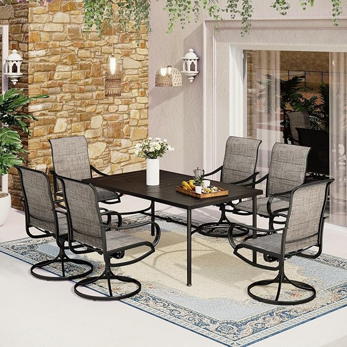 MFSTUDIO Outdoor Dining Set for 6, Patio Dining Set with Metal Table and Swivel Chairs, 7 Piece Patio Table and Chairs Set for Deck Backyard Poolside Garden