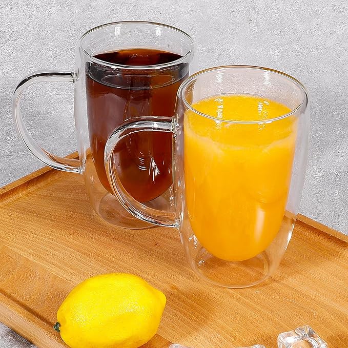 Clear Glass Double Wall Insulated Round Coffee Mugs Set of 4 Pieces - Large Size 16oz Best Reusable Coffee Mug for Home Cafe Restaurant Perfect for Espresso Capucinno Lungo Latte Coffee