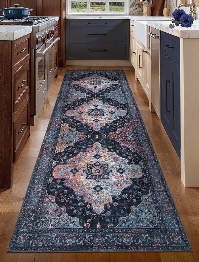 Tangsoo 2.6x8 Washable Runner Rug for Hallways, Non Slip Vintage Runner, Soft Low Pile Long Rug Runner, Print Distressed Navy Carpet Runners for Kitchen Bedroom Entryway Bathroom Living Room