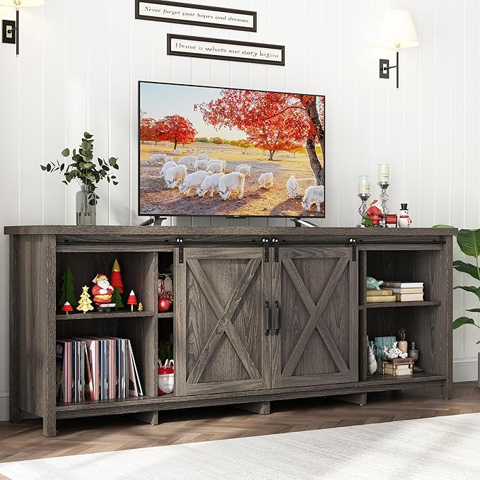 70In Farmhouse TV Stands for 70 75 80inch TV w/Adjustable Shelves,Sliding Barn Door.Rustic Wooden Entertainment Center,TV Console Grey Cabinet w/Storage for Bedroom Living Room(Dark Grey 70in)