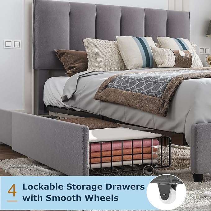 VECELO Full Size Bed Frame with 4 Storage Drawers, Adjustable Height Headboard, Heavy-Duty Platform Bedframe with Strong Wooden Slats, No Box Spring Needed, Dark Grey