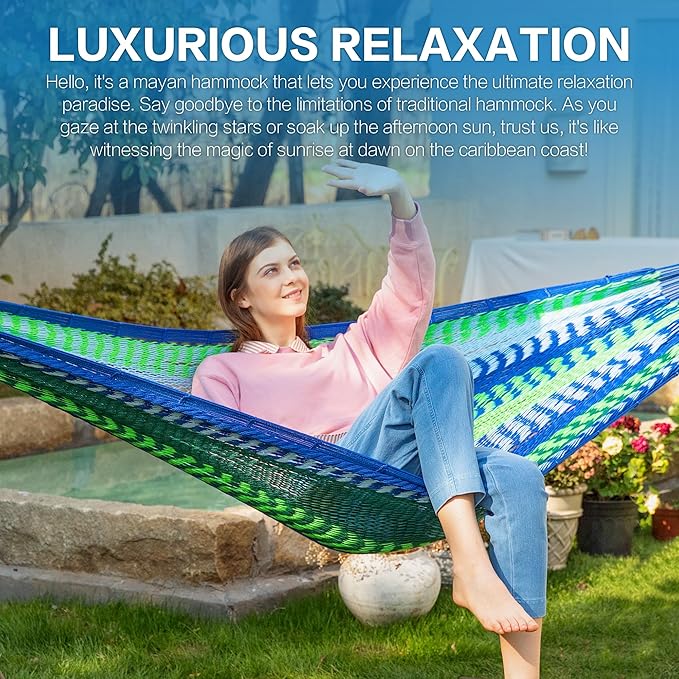 PNAEUT Mayan Hammock, Handwoven XL Thick Soft Rope Hammocks for Outdoor Indoor, Max 600 lbs Capacity, Tree Straps & Carabiners Included (Lake Superior)