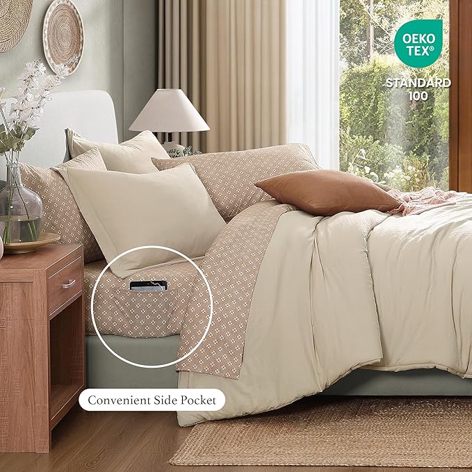 Monbix Full Size Comforter Set - 7 Pieces Beige Prewashed Bed in a Bag Full Bedding Sets with Comforters, All Seasons Down Alternative Comforter Bed Set with Sheets,Pillowcases & Shams