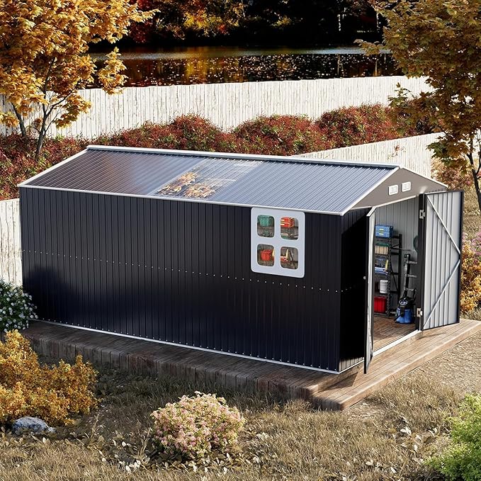 Restland 10x16 FT Outdoor Storage Shed Reinforced Frame Metal Shed with Clear Roof, Air Vent & Lockable Door Large Garden Tool Storage Sheds for Backyard, Garden, Lawn