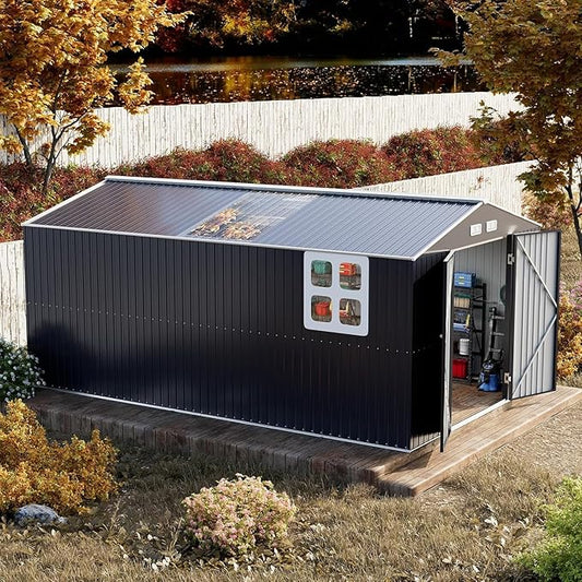 Restland 10x16 FT Outdoor Storage Shed Reinforced Frame Metal Shed with Clear Roof, Air Vent & Lockable Door Large Garden Tool Storage Sheds for Backyard, Garden, Lawn