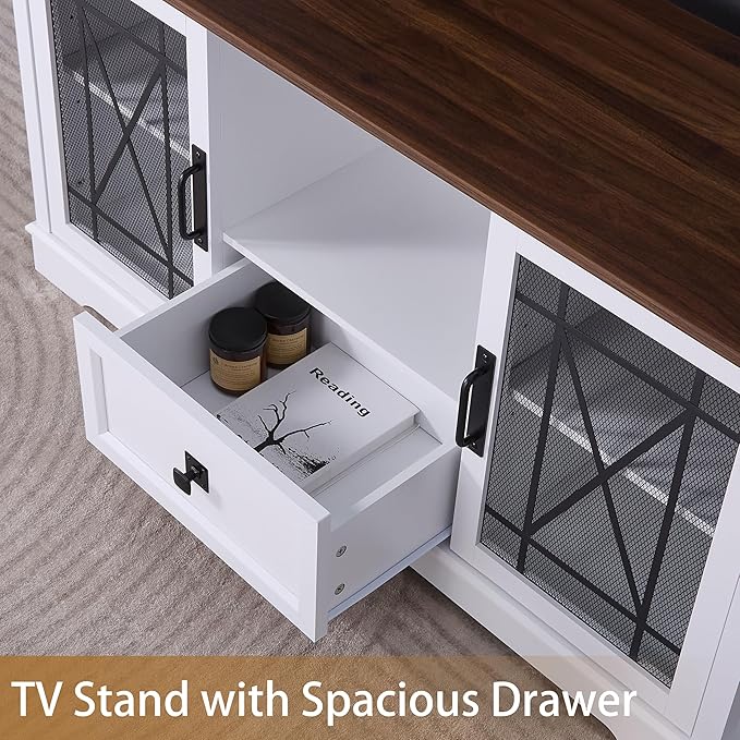 Entertainment Center White TV Stand with Charging Station Modern 55'' Television Stand Console with Adjustable Storage Shelves, Rustic Media Storage Cabinet for Living Room and Bedroom