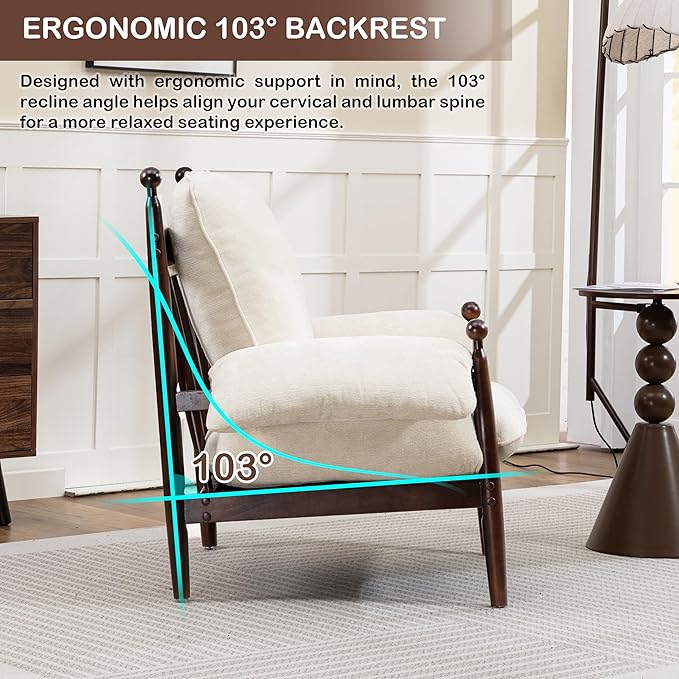 Mid Century Modern Accent Chair with Arms, Upholstered Spindle Chair with Wood Frame, High-Resilience Sponge Cushion for Living Room Bedroom Office