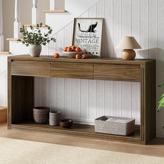 Treocho 63.9" Long Console Tables for Entryway, Farmhouse Entryway Table with Drawers, Narrow Sofa Table Behind Couch Table for Living Room, Entrance, Hallway, Walnut