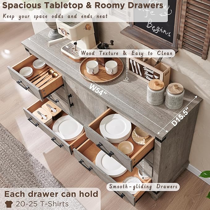 T4TREAM Farmhouse 8 Drawers Dresser for Bedroom, 54" Wide Wood Chest of Drawers w/Storage Cabient & Adjustable Shelf, Rustic Dressers Organizer for Living Room, Hallway, Light Rustic Oak