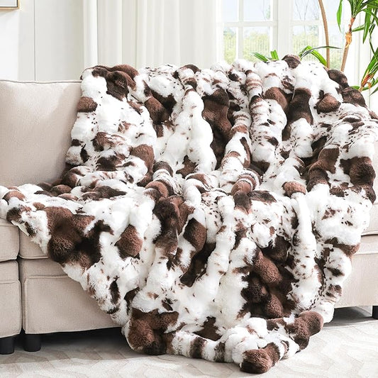 Ultra Plush Bubble Faux Rabbit Fur Blanket – 950GSM Thick Fluffy Throw Blanket for Bed, Couch, Sofa, or Gift, 60" × 80", Brown Cow