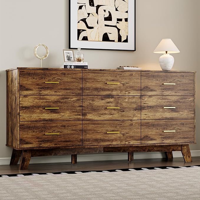 Dresser for Bedroom with 9-Drawer, 59" Wide Modern Chest of Drawers with Metal Handles, X-Shape Base & Adjustable Center Leg, Anti-Tip Closet Organizers and Storage