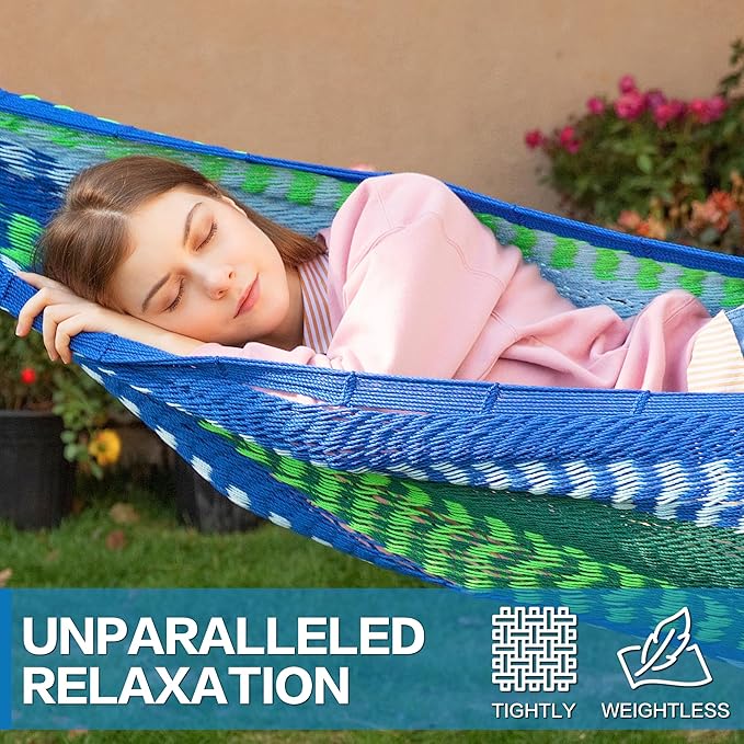 PNAEUT Mayan Hammock, Handwoven XL Thick Soft Rope Hammocks for Outdoor Indoor, Max 600 lbs Capacity, Tree Straps & Carabiners Included (Lake Superior)