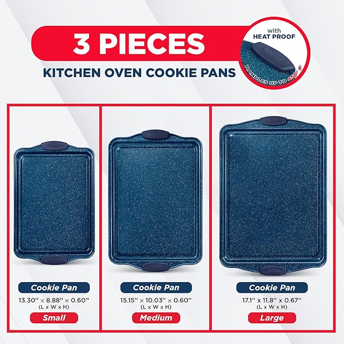 BAKKEN Kitchen Baking Pan Set - Nonstick Coating, Carbon Steel Bakeware Sets with Blue Silicone Handles, Baking Kitchen Essentials, PFOA, PFOS, PTFE Free, Oven Safe Tray (Up To 450° F), Set of 3