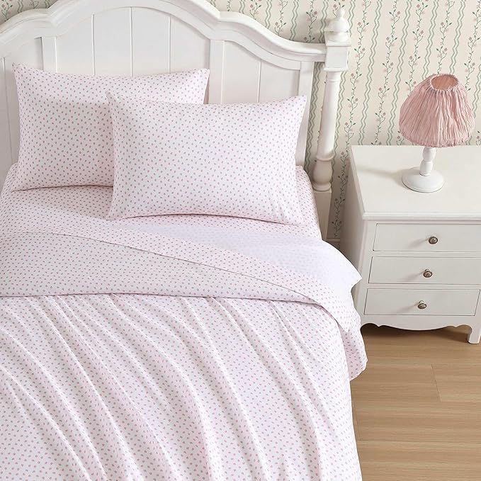 Laura Ashley - Kids Sheet Set, Ultra-Soft & Breathable Toddler Bedding with Matching Pillowcases, Wrinkle-Resistant, Ideal Girl Room Essentials (Sweet Lady Bugs Pink, Queen)