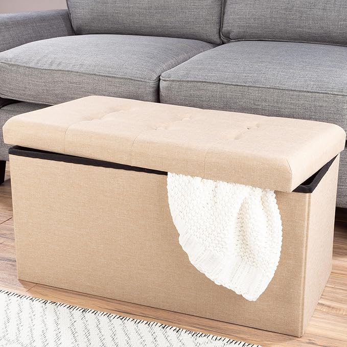 Lavish Home Ottoman Set of 2 - Ottoman Foot Rest, Linen Chest, or Storage Bench Set - 30in Ottomans for Living Room, Bedroom, Dorm Storage (Beige)