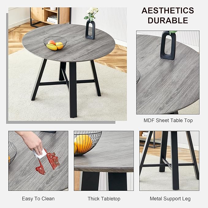 Modern Round Dining Table & Chairs Set for 4, 42" Wood Table with Upholstered Brown PU Leather Chairs for Kitchen, Dining Room & Small Spaces