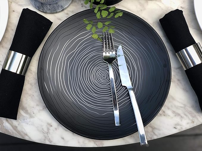 Bzyoo 12 Piece Melamine Dinnerware Set - Durable, Dishwasher Safe Organica Black Plates and Bowls Sets Casual Dish Set for Dining, Outdoor and Kitchen