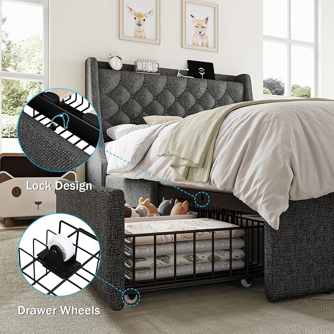Twin Bed Frame with 4 Storage Drawers, Giant Upholstered Wingback Headboard, Fast Charging Station, No Box Spring Needed, Noise-Free, Dark Gray